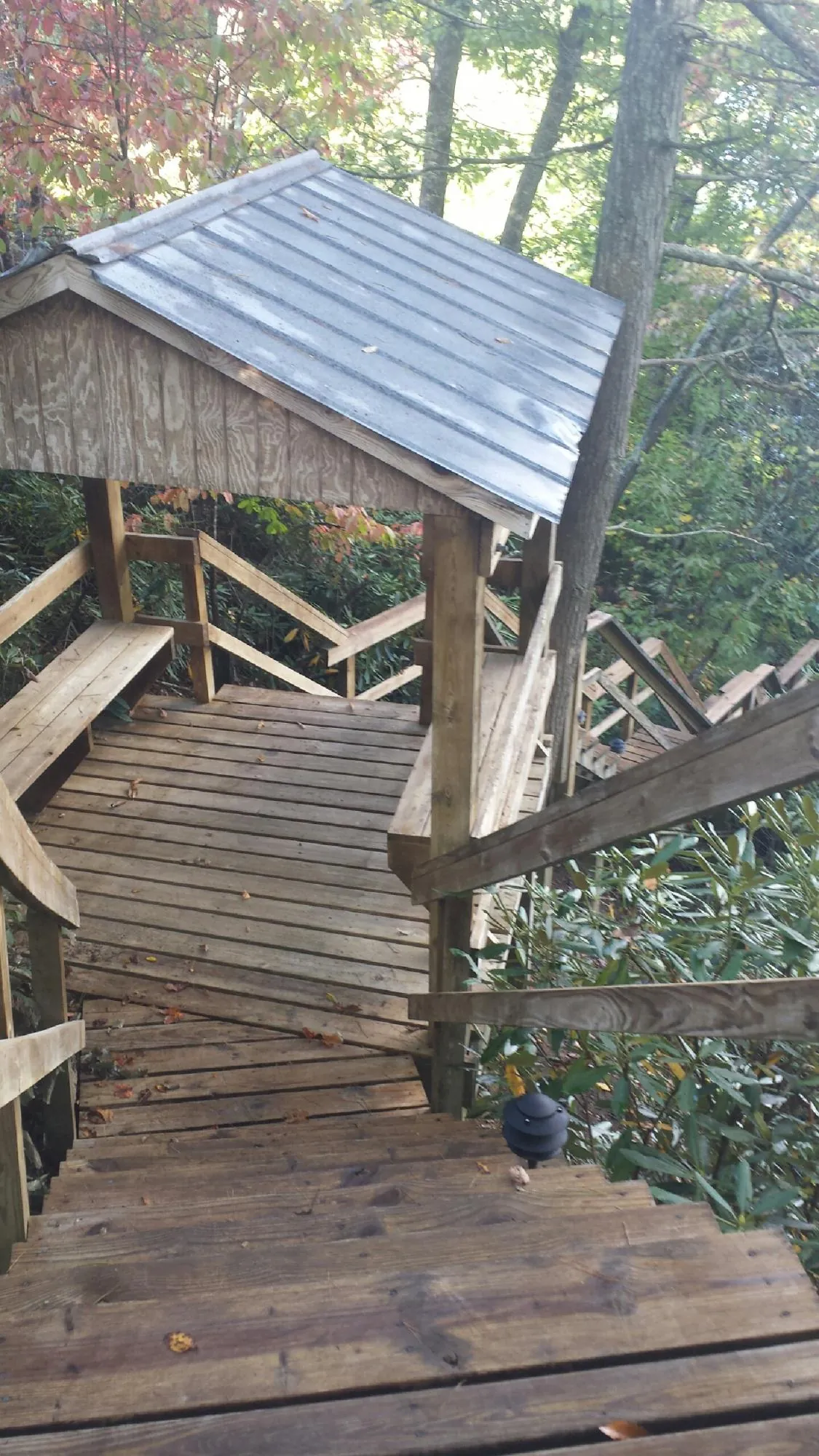 Metal roofed shelter over wooden steps on a wooded walkway — Skylight Repair & Installation work by our crew in Lowman